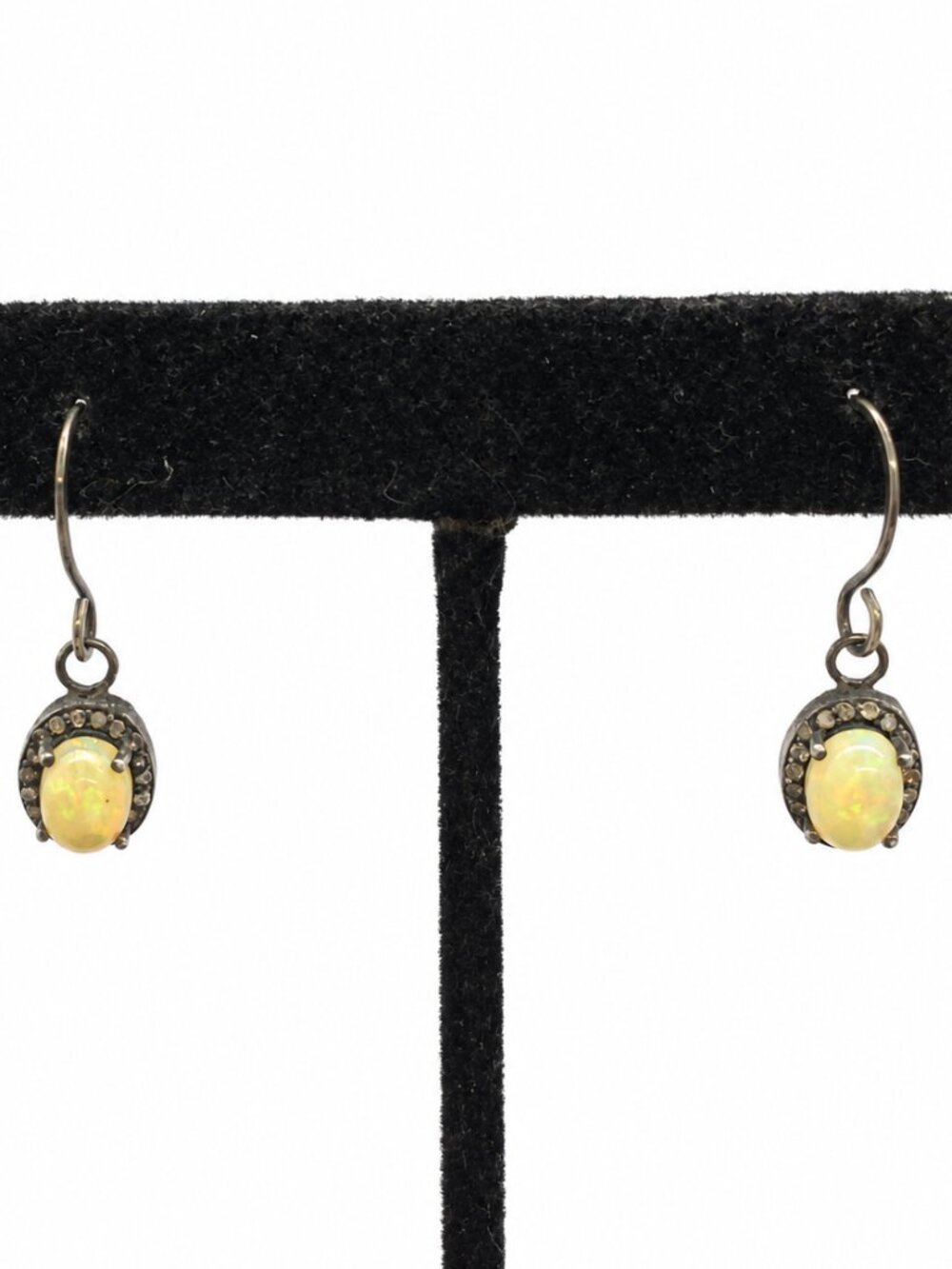 STERLING SILVER EARRINGS Yellow Opal Halo Dangle Oxidized Victorian Style